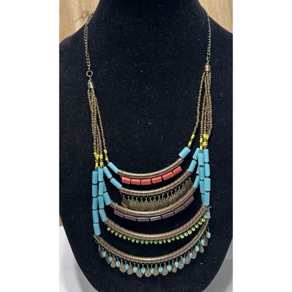 Unbranded Jewelry - Boho Multicolored Seed Bead Layered Bib Necklace Antique Bronze Statement